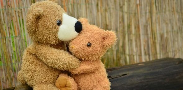 Close up photo of two light brown teddy bears hugging