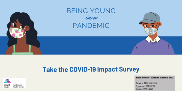 Blue and cream colored graphic background with text that says, "Being Young in a Pandemic: Take the COVID-19 Impact Survey."